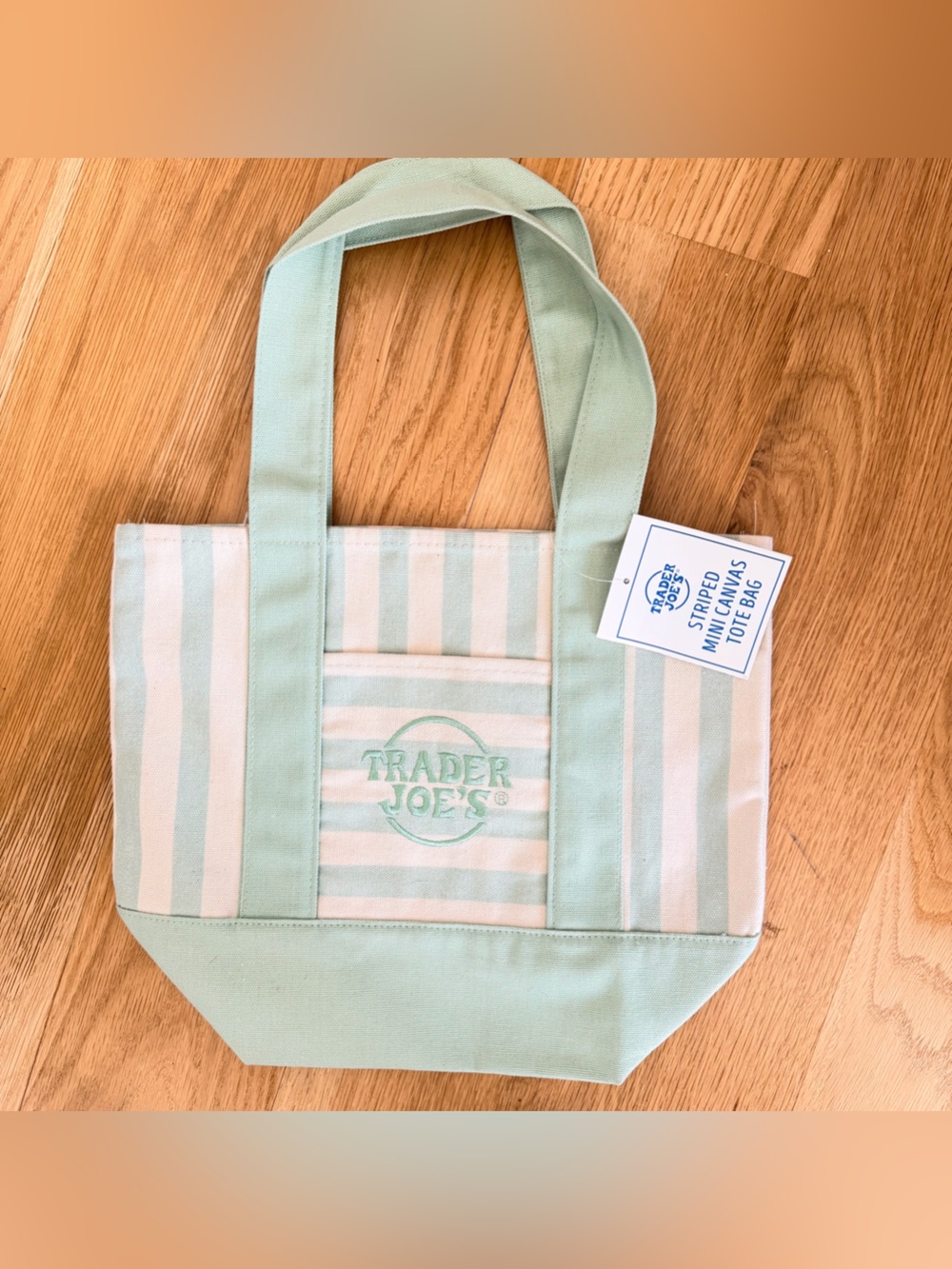 Trader Joe's Mint Green & Cream Small Striped Tote Bag NWT